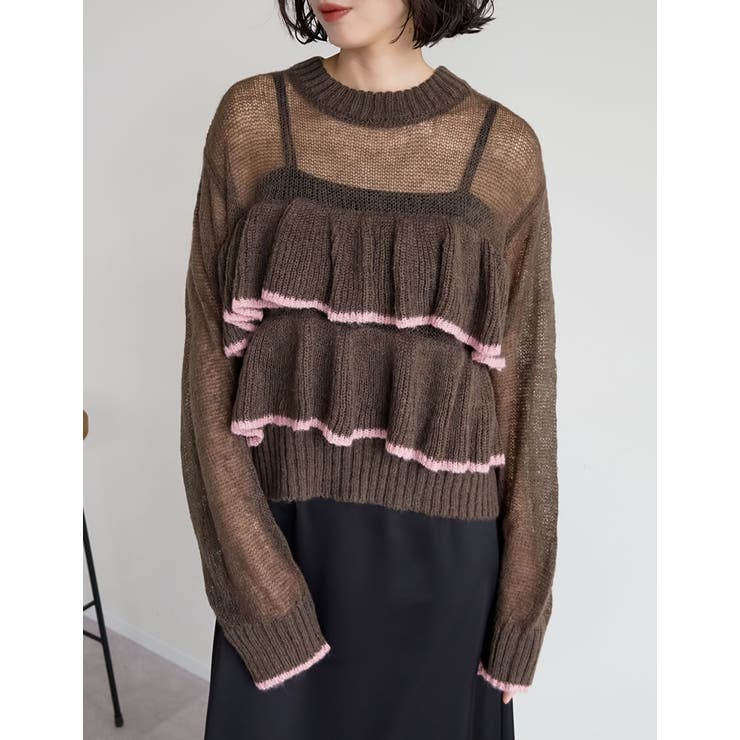透かし編みモヘアタッチフリルニットトップス[品番：GS000022999]｜Re