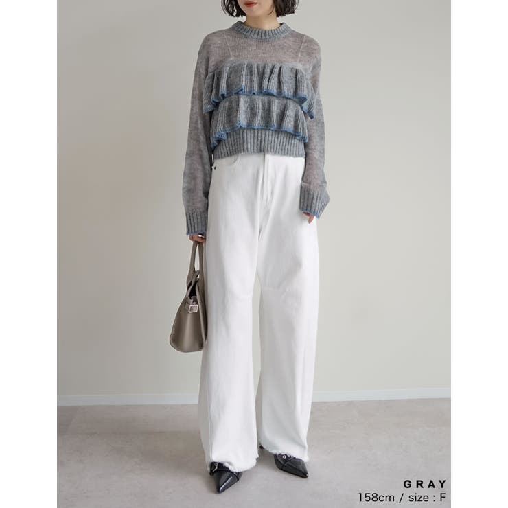 透かし編みモヘアタッチフリルニットトップス[品番：GS000022999]｜Re