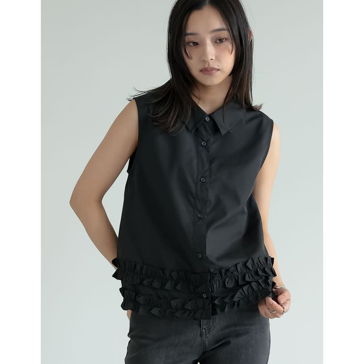 ブラック(501) | ブロード裾フリルノースリーブブラウス | Re:EDIT