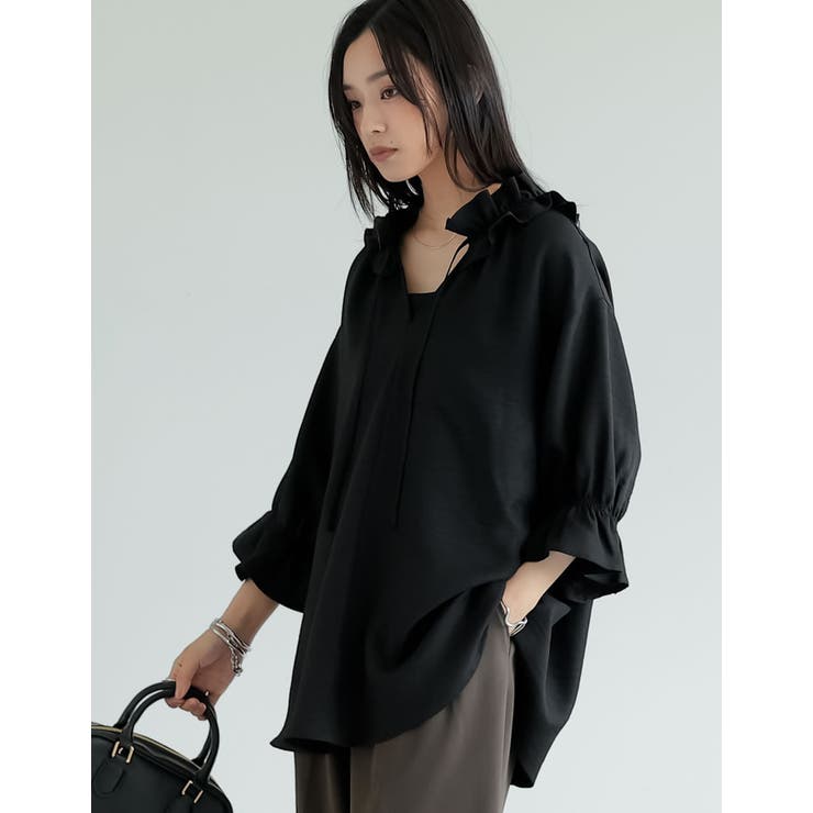 [体型カバー]7分袖リネンライクスキッパーフリルカラーチュニックブラウス | Re:EDIT | 詳細画像12 