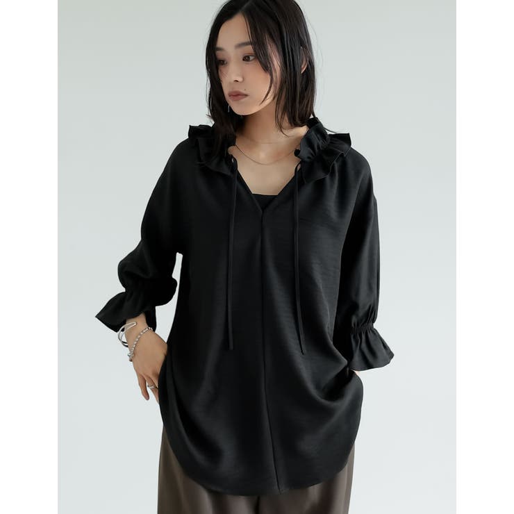 [体型カバー]7分袖リネンライクスキッパーフリルカラーチュニックブラウス | Re:EDIT | 詳細画像14 