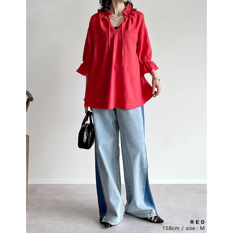 [体型カバー]7分袖リネンライクスキッパーフリルカラーチュニックブラウス | Re:EDIT | 詳細画像15 