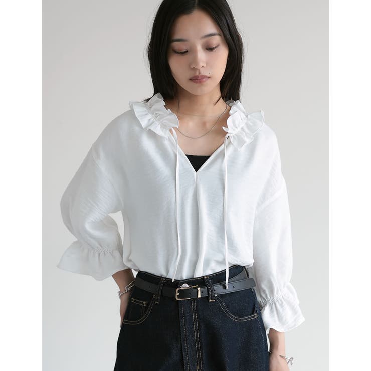 [体型カバー]7分袖リネンライクスキッパーフリルカラーチュニックブラウス | Re:EDIT | 詳細画像3 