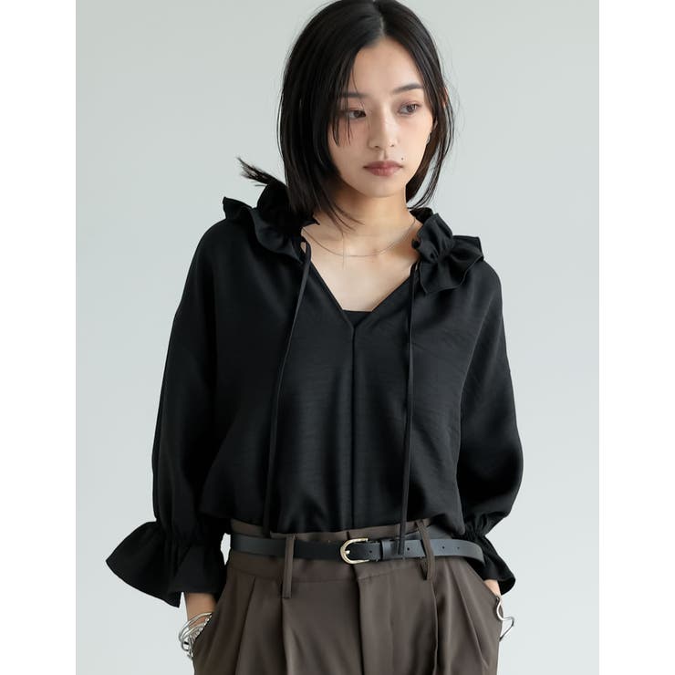 [体型カバー]7分袖リネンライクスキッパーフリルカラーチュニックブラウス | Re:EDIT | 詳細画像4 