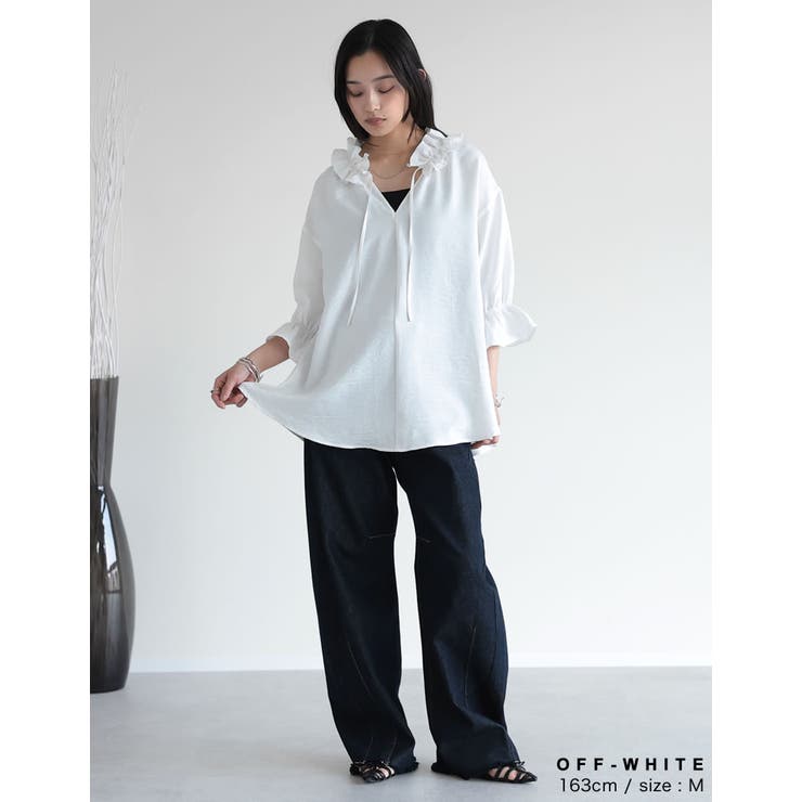 [体型カバー]7分袖リネンライクスキッパーフリルカラーチュニックブラウス | Re:EDIT | 詳細画像7 