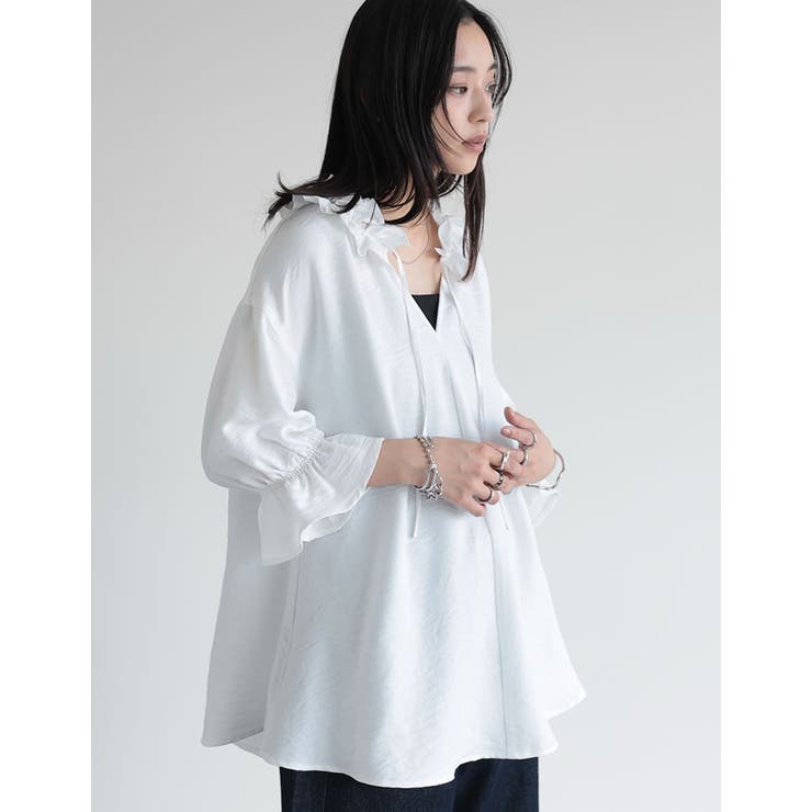 [体型カバー]7分袖リネンライクスキッパーフリルカラーチュニックブラウス | Re:EDIT | 詳細画像8 