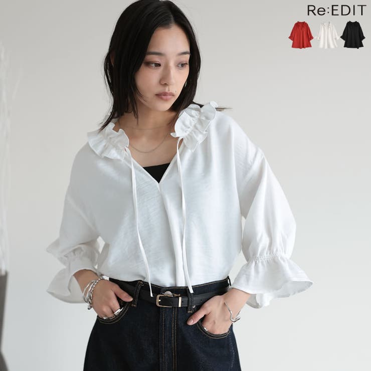 [体型カバー]7分袖リネンライクスキッパーフリルカラーチュニックブラウス | Re:EDIT | 詳細画像1 