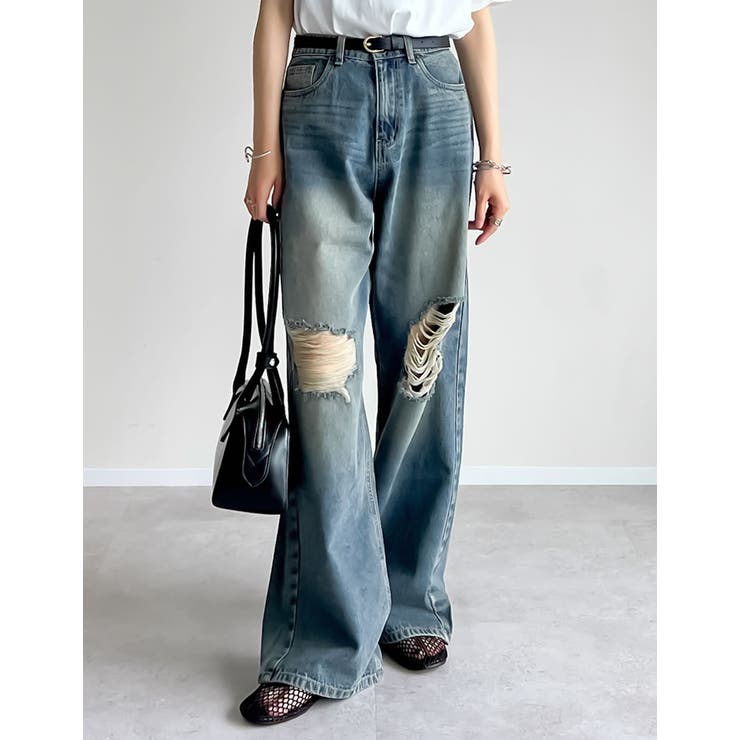 希少！トルネードマートダメージ加工 ワイドレッグストレートデニムパンツ L ジーンズ デニム デニムパンツ ダメージ加工ストレートデニム