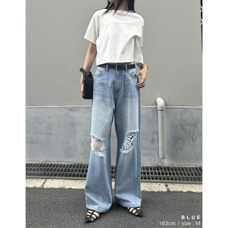 低身長/高身長サイズ有]ダメージデニムワイドストレートパンツ