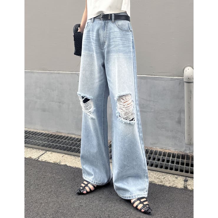 希少！トルネードマートダメージ加工 ワイドレッグストレートデニムパンツ L ジーンズ デニム デニムパンツ ダメージ加工ストレートデニム
