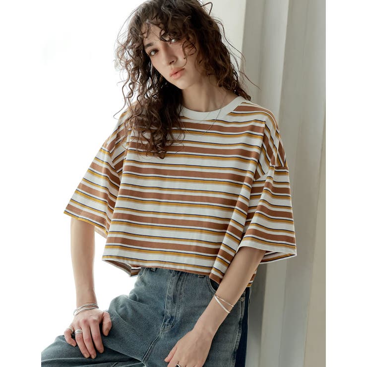 ブラウン(505) | [2025 SUMMER COLLECTION]綿天竺マルチボーダーＴシャツ | Re:EDIT