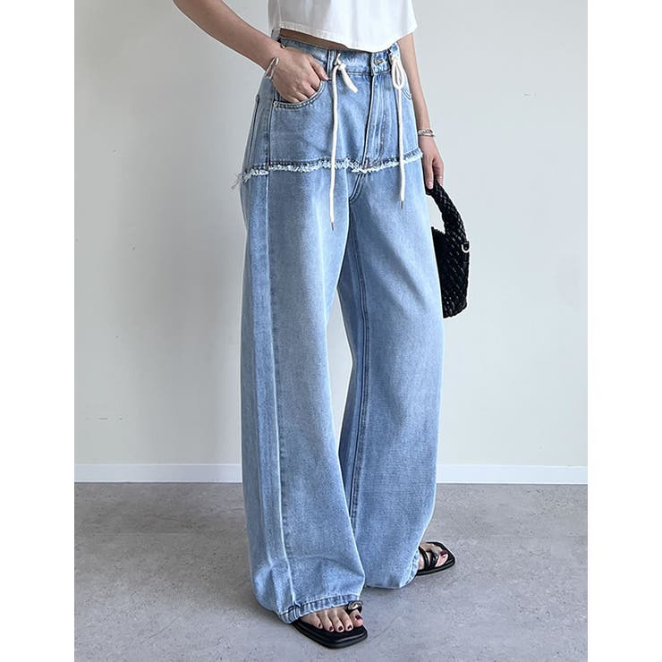 ブルー(511) | コットンデニムロープベルト付きワイドバレルレッグカーブパンツ | Re:EDIT