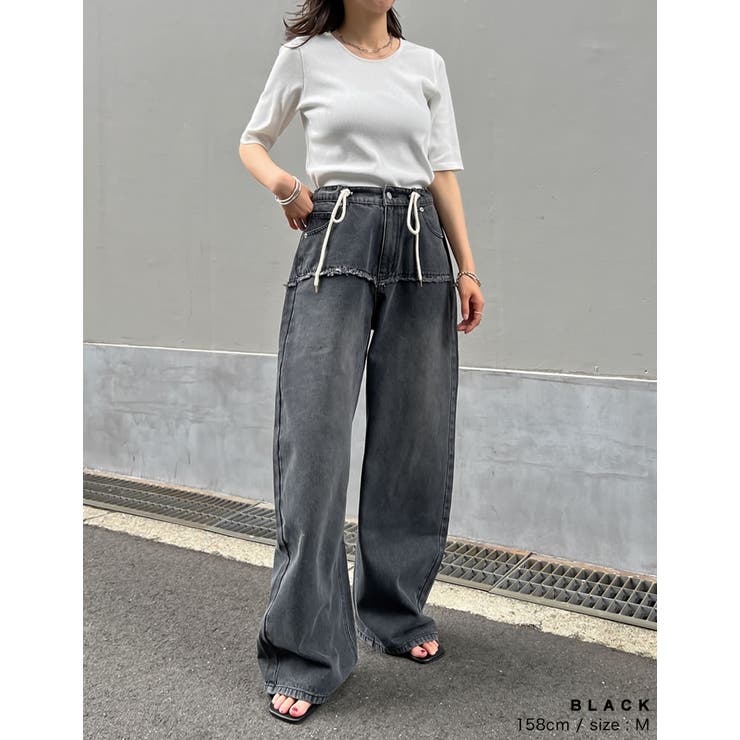 コットンデニムロープベルト付きワイドバレルレッグカーブパンツ | Re:EDIT | 詳細画像13 