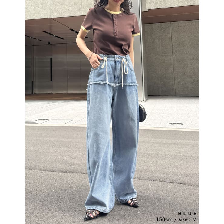 コットンデニムロープベルト付きワイドバレルレッグカーブパンツ