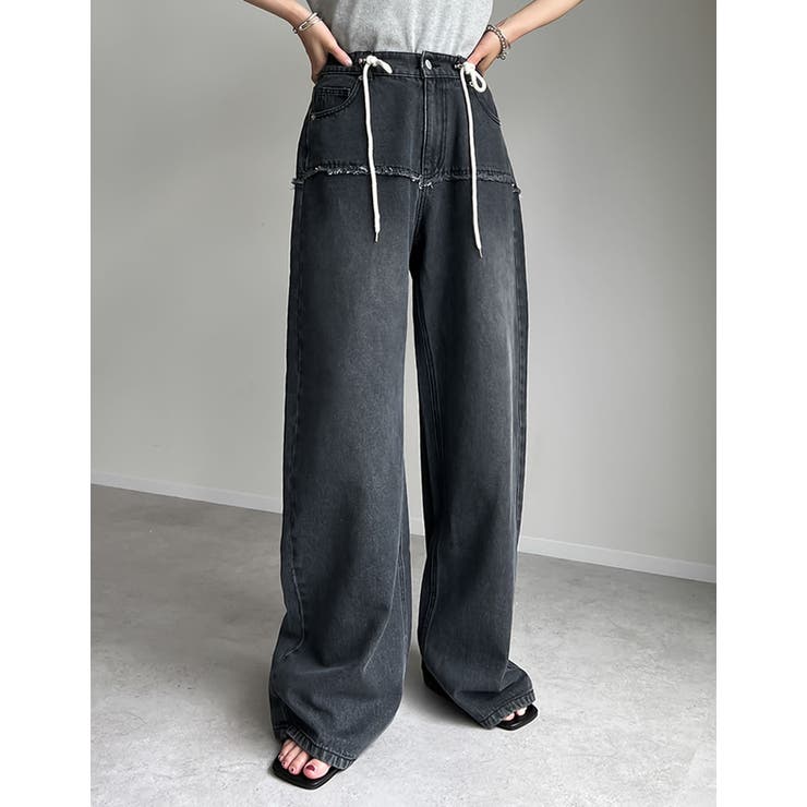 コットンデニムロープベルト付きワイドバレルレッグカーブパンツ | Re:EDIT | 詳細画像2 