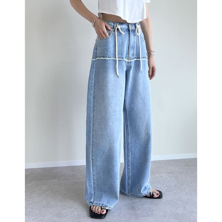 コットンデニムロープベルト付きワイドバレルレッグカーブパンツ | Re:EDIT | 詳細画像3 