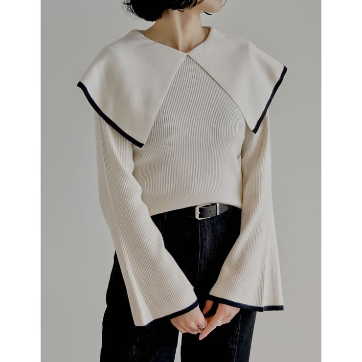 アイボリー×ブラック(972) | ビッグカラーフレアスリーブ配色or無地リブニットプルオーバー | Re:EDIT