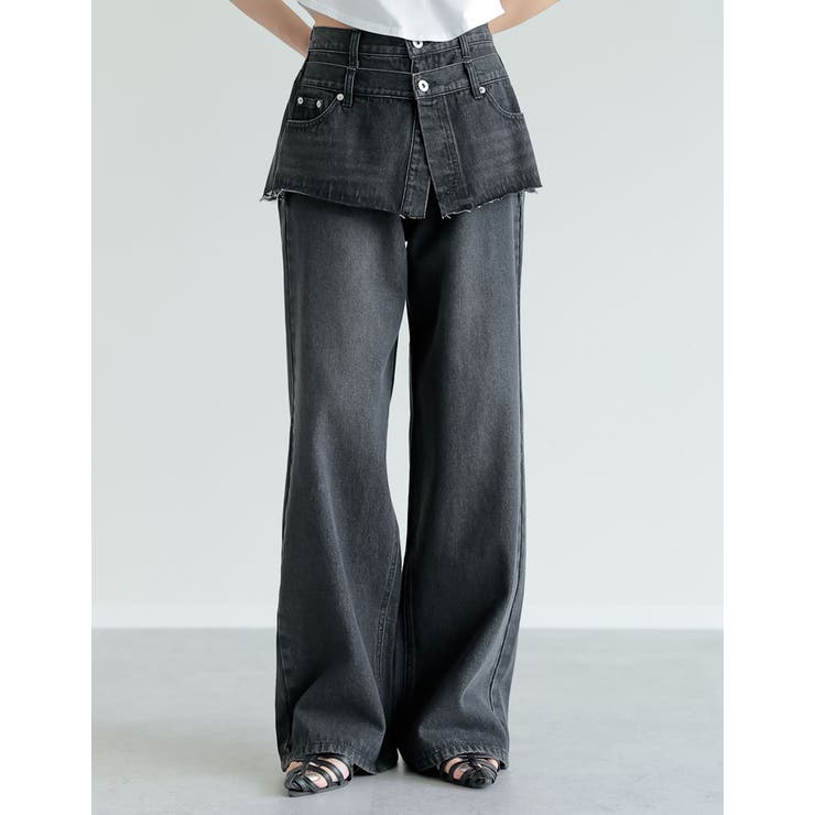 ブラック(501) | [低身長/高身長サイズ有]コットンデニムスカートレイヤードライクパンツ | Re:EDIT