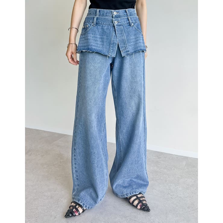 ブルー(511) | [低身長/高身長サイズ有]コットンデニムスカートレイヤードライクパンツ | Re:EDIT