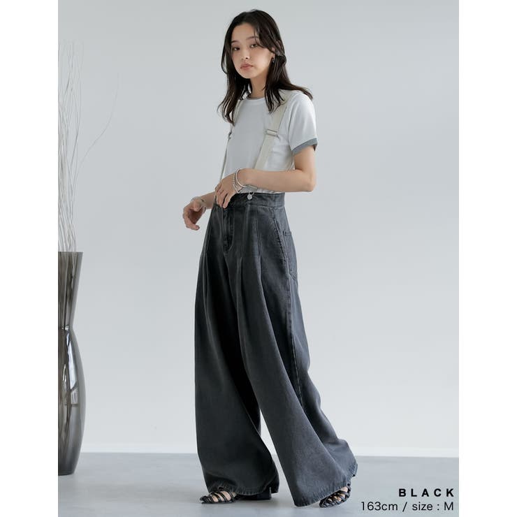低身長/高身長サイズ有]サスペンダー付きツータックワイドデニム