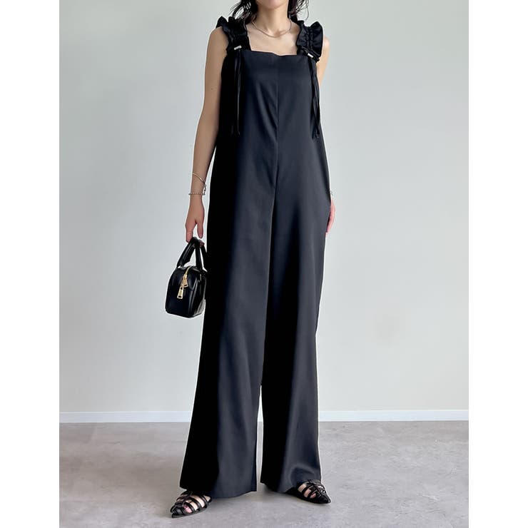 ブラック(501) | [低身長/高身長サイズ有]リネンライクショルダーギャザーサロペット | Re:EDIT