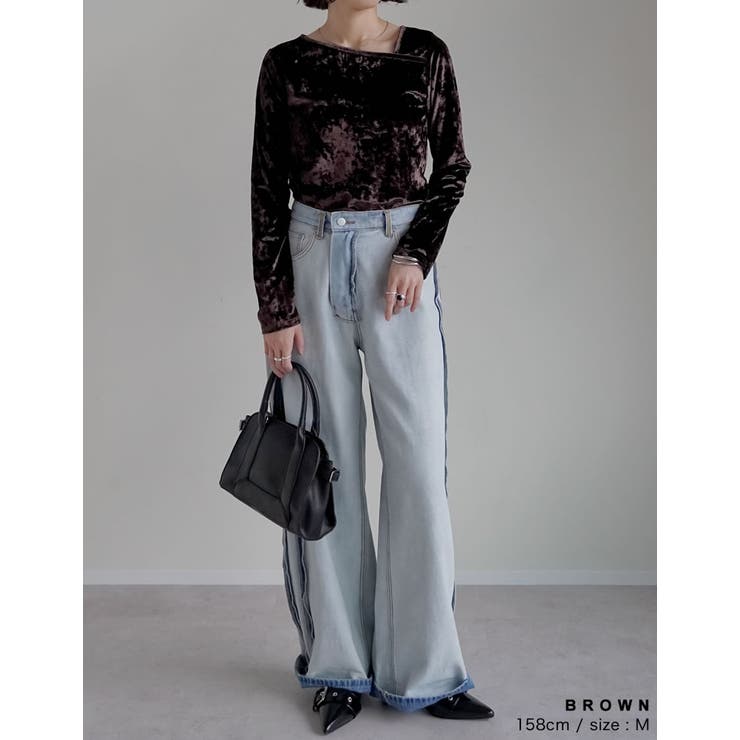 クラッシュベロアアシンメトリーネック長袖トップス | Re:EDIT | 詳細画像11 