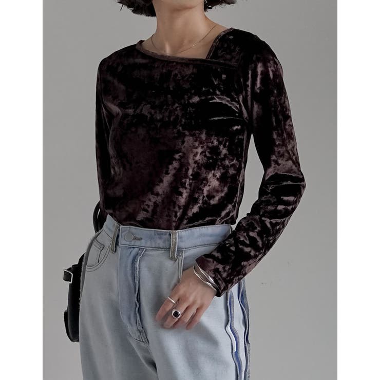 クラッシュベロアアシンメトリーネック長袖トップス | Re:EDIT | 詳細画像14 