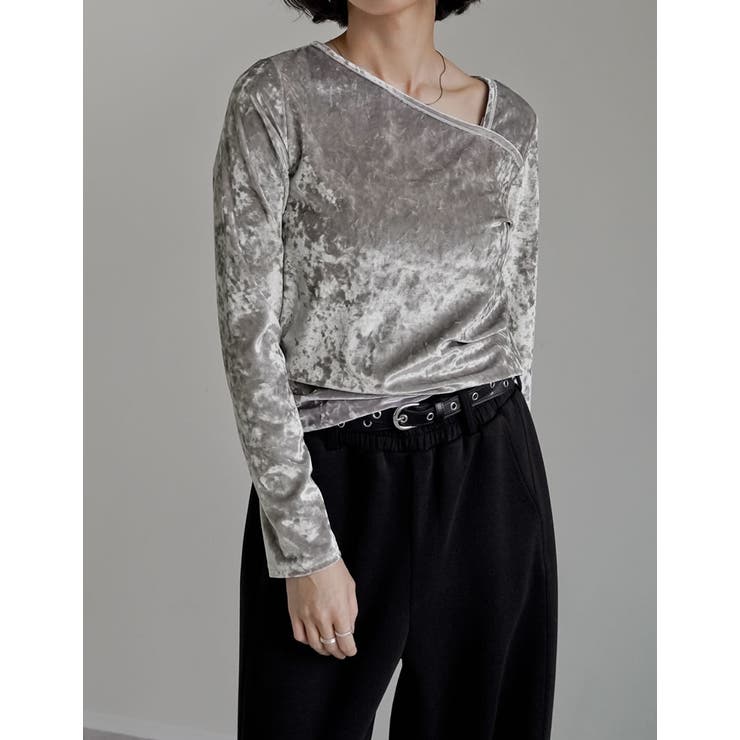 クラッシュベロアアシンメトリーネック長袖トップス | Re:EDIT | 詳細画像16 