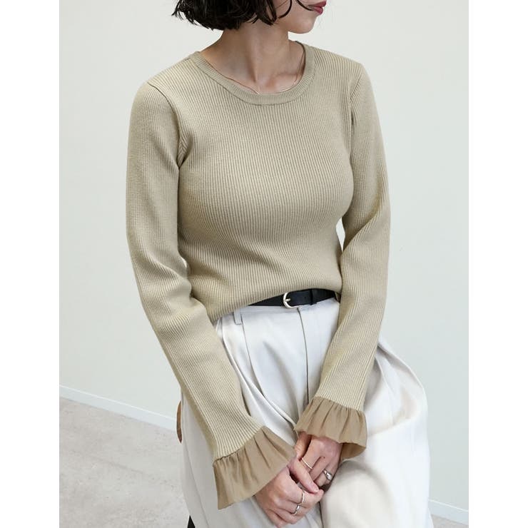 グレージュ(603) | 袖オーガンジーフリルニットトップス | Re:EDIT