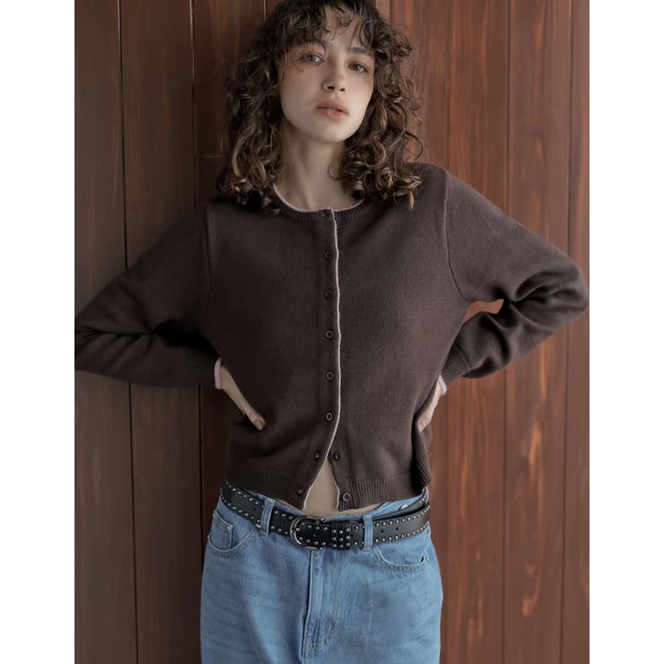 ブラウン×ピンク(505) | [2025AW COLLECTION]配色アルパカタッチニットカーディガン | Re:EDIT