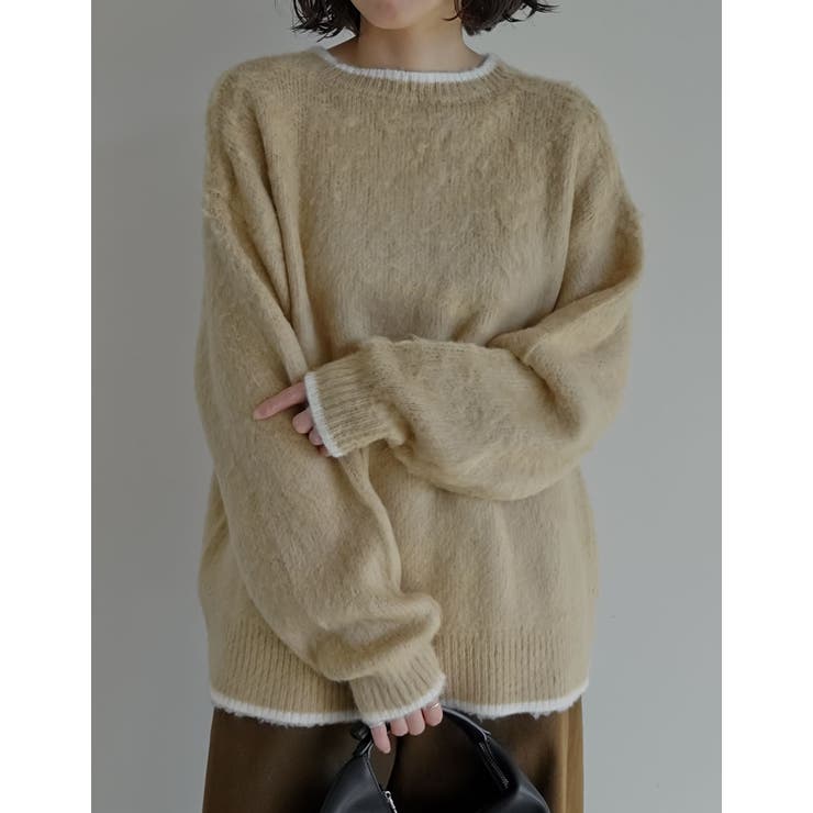 ベージュ×ホワイト(504) | [2025AW COLLECTION]配色モヘアライクシャギーニットトップス | Re:EDIT