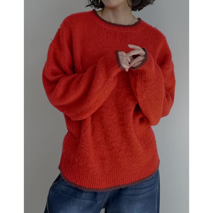 レッド×ブラウン(506) | [2025AW COLLECTION]配色モヘアライクシャギーニットトップス | Re:EDIT