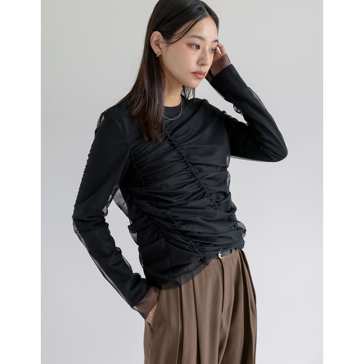 ブラック(501) | リブ×チュール長袖レイヤードトップス | Re:EDIT