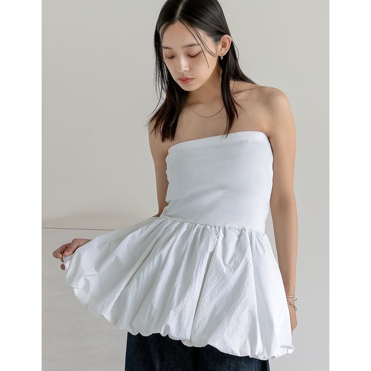 オフホワイト(502) | テレコリブ×マットタフタバルーンヘムペプラムベアトップス | Re:EDIT