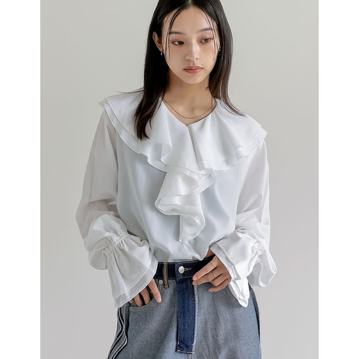 ホワイト(502) | シアーエアリーラッフルカラーブラウス | Re:EDIT