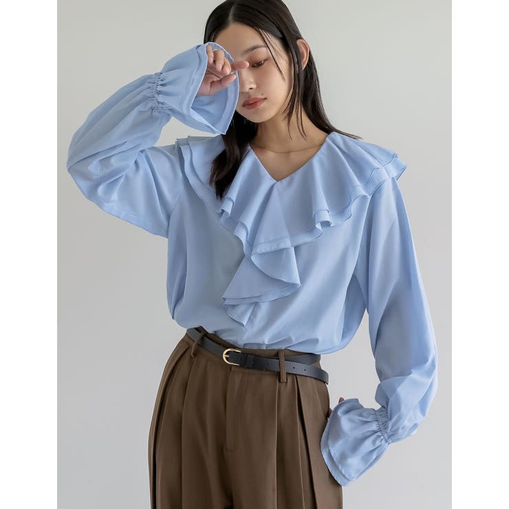 ブルー(511) | シアーエアリーラッフルカラーブラウス | Re:EDIT