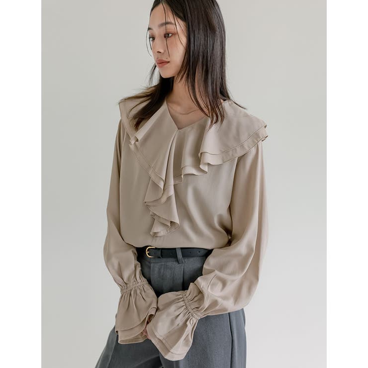 グレージュ(603) | シアーエアリーラッフルカラーブラウス | Re:EDIT