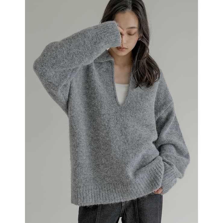 チャコールグレー(703) | 起毛ブークレニットホック付き2WAYトップス | Re:EDIT