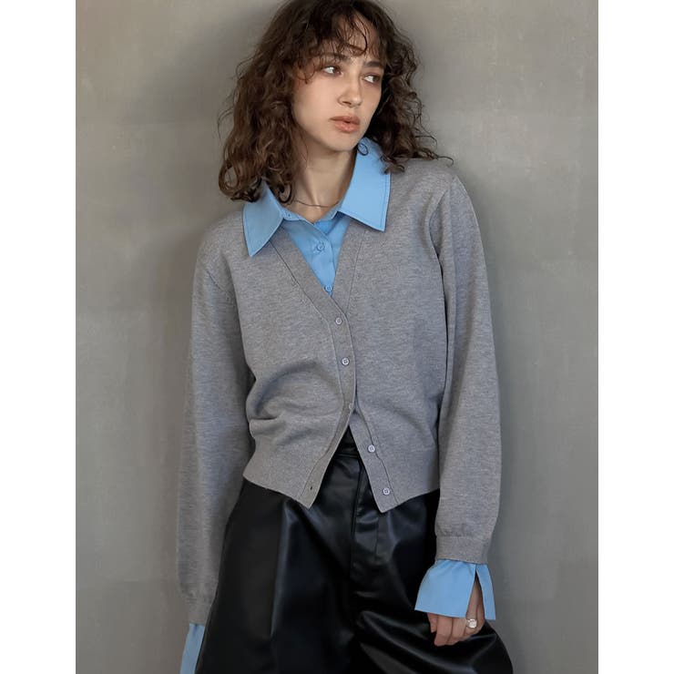 【即完売モデル】カラー 20SS レイヤードドッキングカーディガン シャツドッキングレイヤード風ニットカーディガン[品番：GS000023092