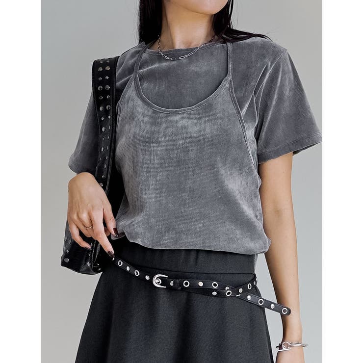 グレー(503) | [2点セット]カットベロアホルターネックビスチェ×Ｔシャツ | Re:EDIT