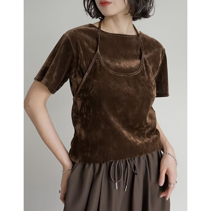 ブラウン(505) | [2点セット]カットベロアホルターネックビスチェ×Ｔシャツ | Re:EDIT