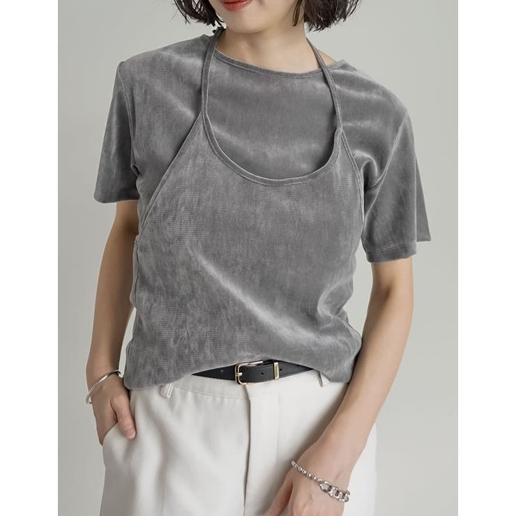 [2点セット]カットベロアホルターネックビスチェ×Ｔシャツ | Re:EDIT | 詳細画像3 