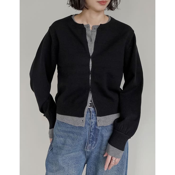 ブラック(501) | [2025AW COLLECTION]クルーネックレイヤード風カーディガン | Re:EDIT