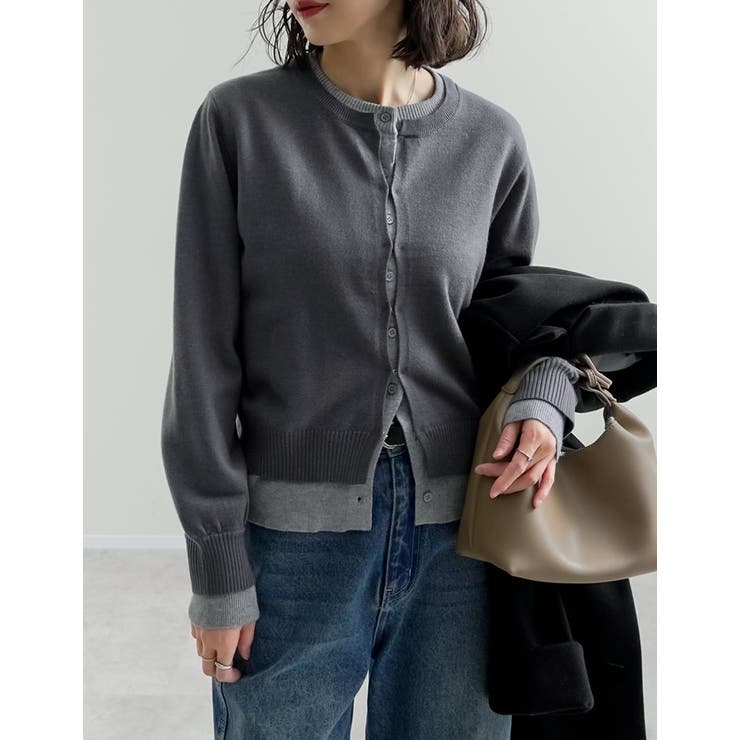 チャコールグレー(703) | [2025AW COLLECTION]クルーネックレイヤード風カーディガン | Re:EDIT