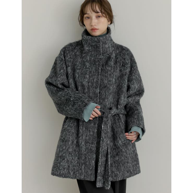 [低身長サイズ有]ミックスシャギースタンドカラーベルト付きコート | Re:EDIT | 詳細画像3 