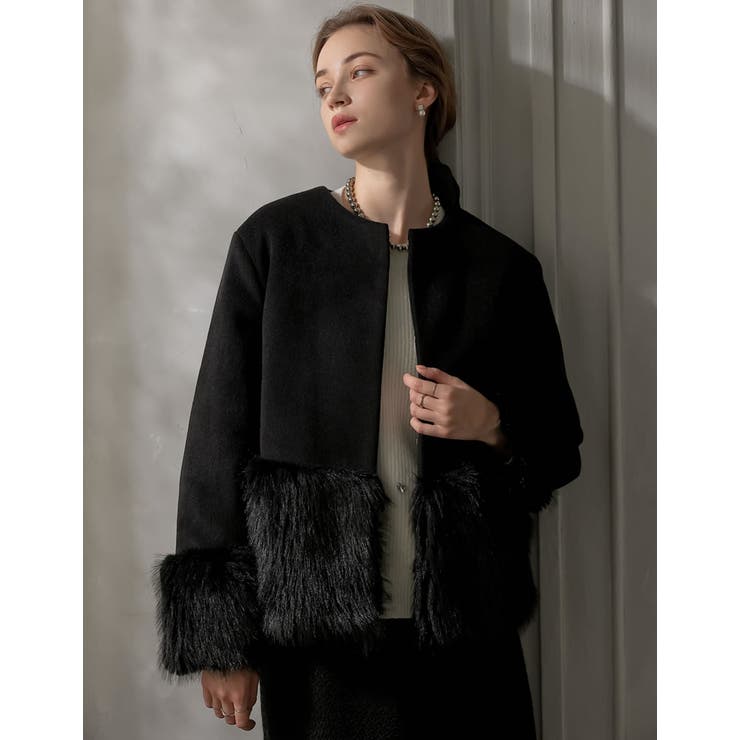 異素材切り替えファートリムノーカラーコート | Re:EDIT | 詳細画像3 