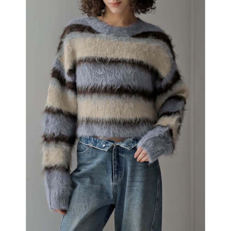 ブルー(511) | [2025 WINTER COLLECTION]シャギーニットマルチボーダーショ… | Re:EDIT