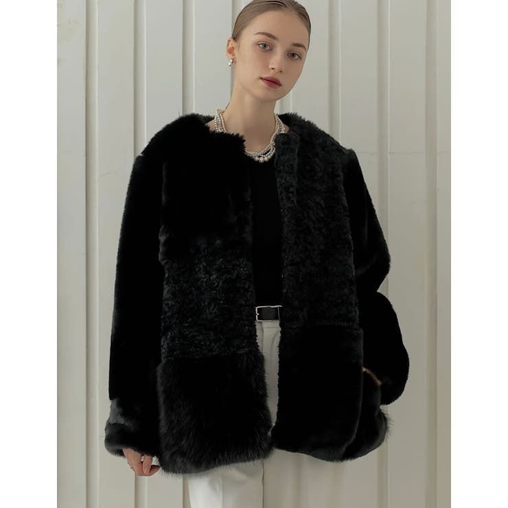 パッチワークボアファーノーカラーミドルコート | Re:EDIT | 詳細画像2 