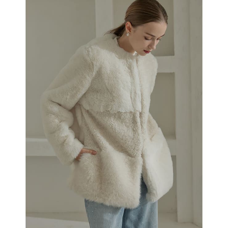 パッチワークボアファーノーカラーミドルコート | Re:EDIT | 詳細画像3 