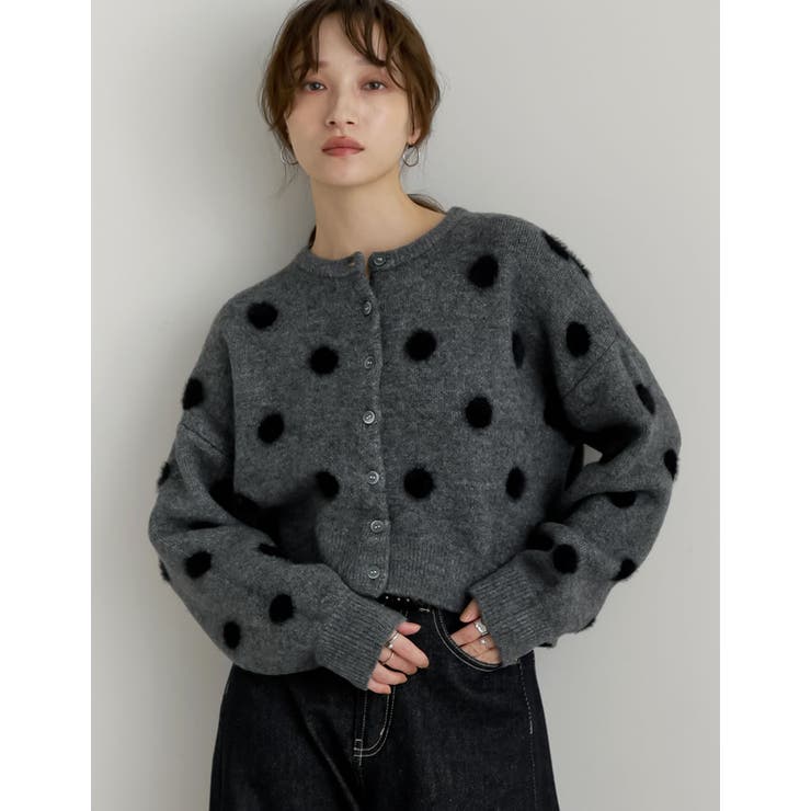 チャコールグレー(703) | ポルカドットショートニットカーディガン | Re:EDIT